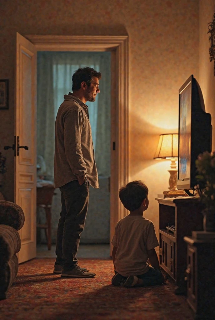 A thin boy. He is very nervous looking introvert, skinny and weak. Bad at sports also a coward. Telling something to this father while his father is watching television and sitting on sofa and ignoring what the boy is telling. The boy was standing at the right side and the father was sitting on the sofa watching television. The background is an apartment