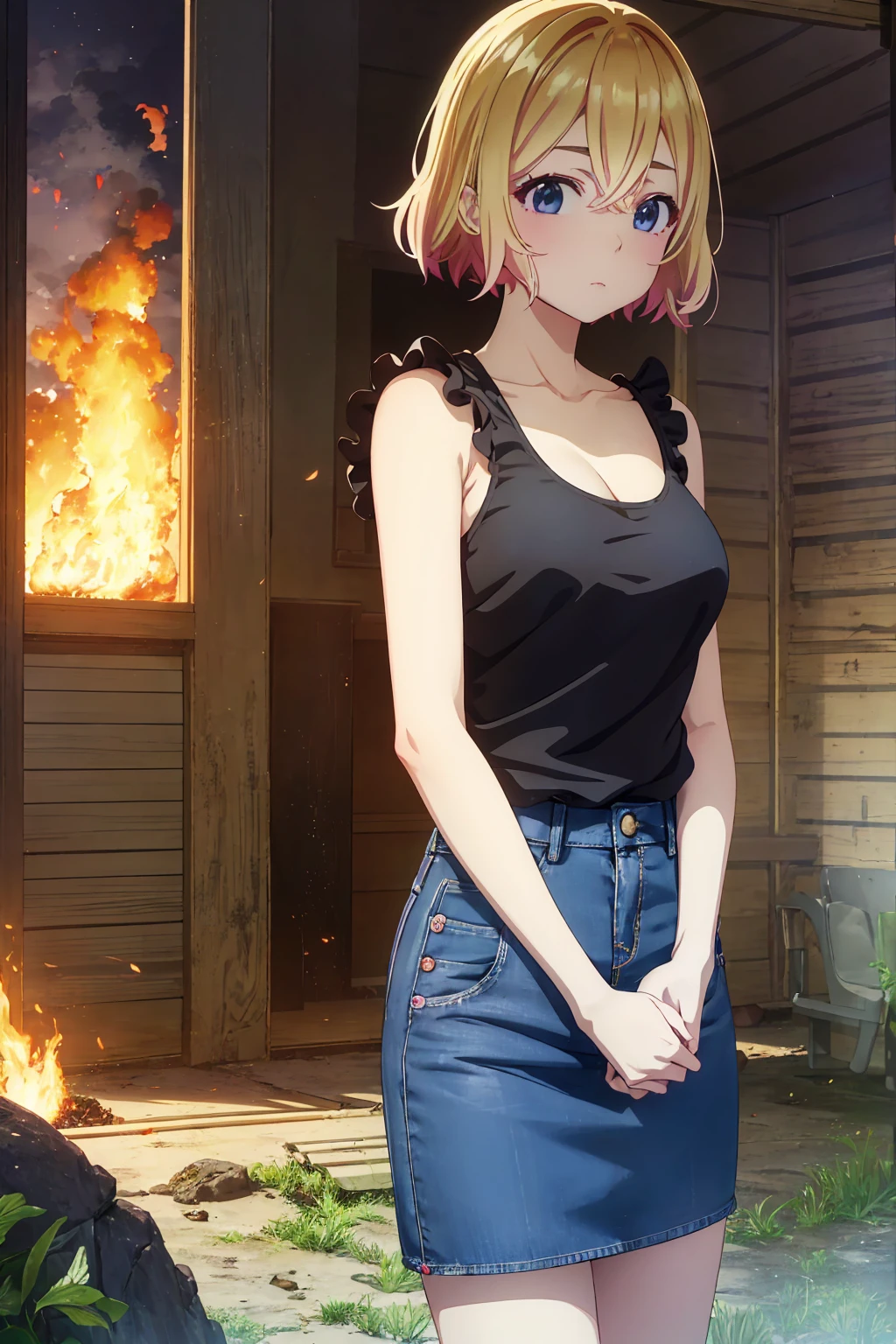 (best quality), (high quality),(masterpiece), (detailed), (high resolution), (Detailed face), (Android 18), Classic look, One girl, alone, View your viewers, short hair, blue eyes, Blonde, clavicle, standing, Bare shoulders, Hoop Earrings, Black Shirt, belt, Denim skirt, (Ultra mini skirt), brown boot, Cleavage, (medium breastst), ((Exposed breasts)), (One nipple), Cowboy Shot, full body, fire, cigarette, City