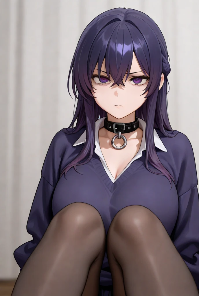 (masterpiece, super detailed,8k, high quality, best image quality),(Rieri_Bishop、Green eyes、Purple hair、Large Boobs),mature woman,、shoulder length hair、(messy hair)、bangs、big 、lips、smooth skin、naked,nipple、nsfw、(1 girl)、blush、(collar, chain leash,black_thigh strap,big breasts:1.3,shiny skin:1.5),NSFW, blush、((pussyfocus)),(spread your legs:1.4),(spread your pussy:1.2), (female masturbation:1.4),(open vagina, vivid pussy, high qualityの膣:1.3),dark dungeon:1.5