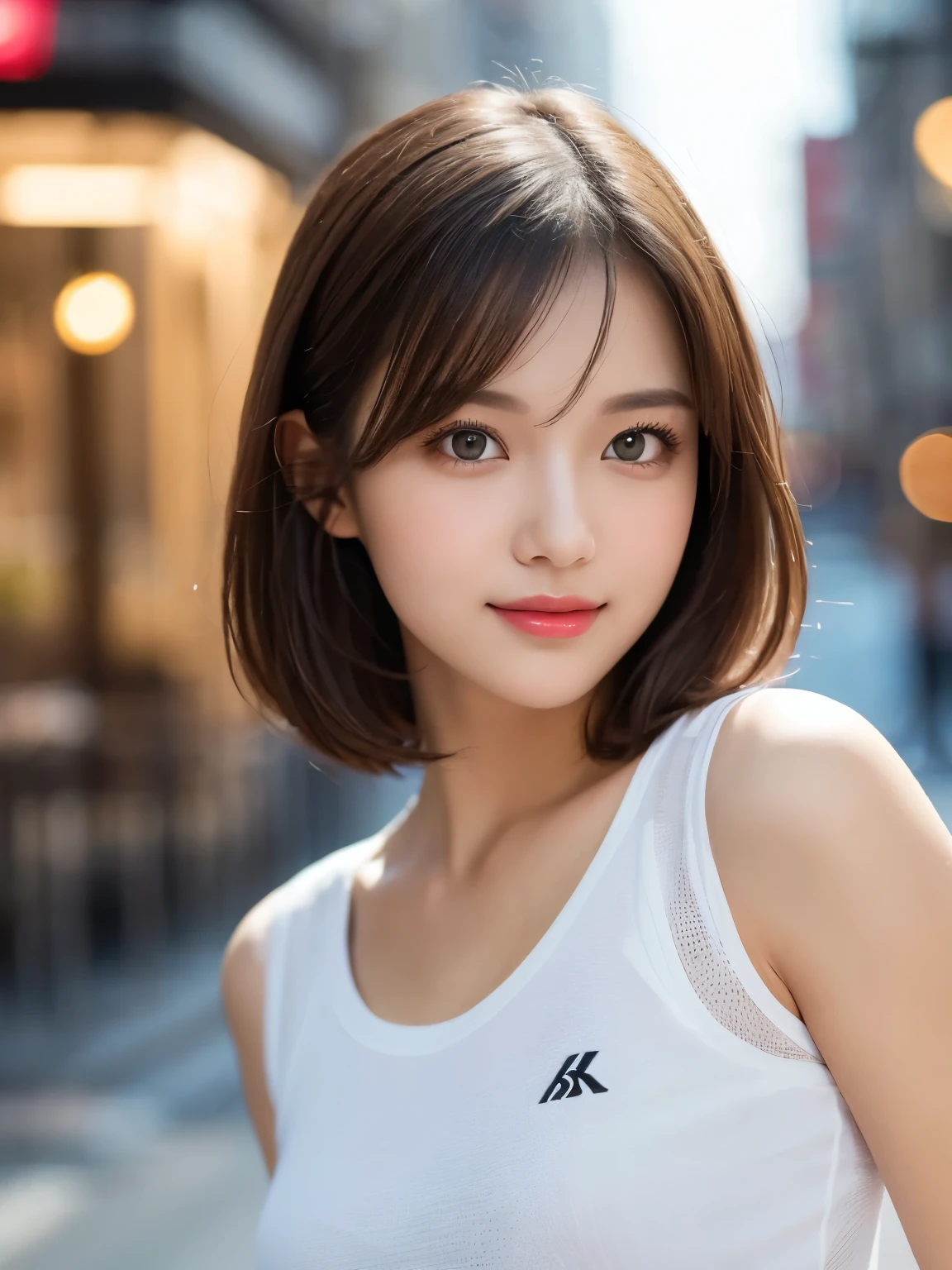 (masterpiece), highly realistic, beautiful atmosphere, intricate textures, super-resolution, hyper-realistic, high contrast, Portrait of a cute girl, looking at viewer, Focus on the Face, (Glowing Eyes), Glossy lips, rouge lip, make-up, blush cheek, smile, baby face, short hair, Brown eyes, beautiful girl, (perfect anatomy), 8k Resolution, wonder full, elegant, hyperrealism, approaching perfection, dynamic, highly detailed, ultra high definition, high quality boost, contrast boost shirt