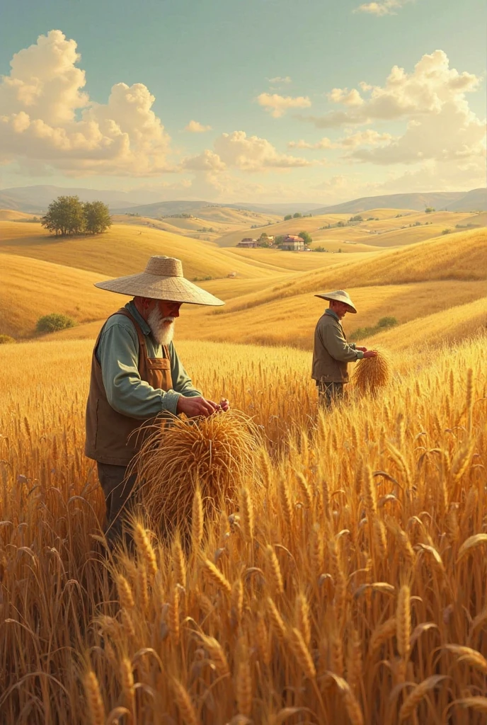 Farmers harvesting crops in golden fields. - SeaArt AI