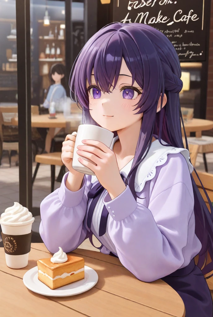 Best picture quality, 8K, high quality, masterpiece:1.2), ((masterpiece)), (great detail, high quality, best picture quality), bokeh, DOF, Portrait, open stance, purple hair long hair, in black, standing, round face, drinking a coffee, sit in coffee shop