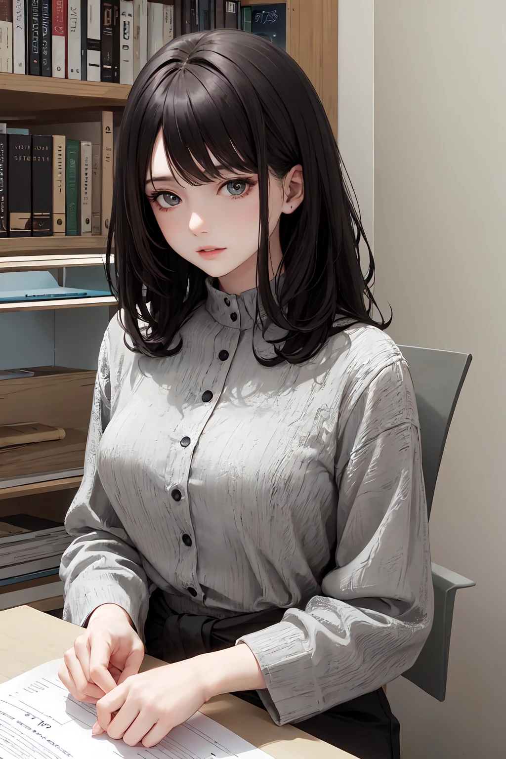 masterpiece, highly detailed, best quality, night, low-light, moonlight, 1girl, solo, Luna, black hair, red eyes, long hair, blunt bangs, blush, sitting, shy, looking away