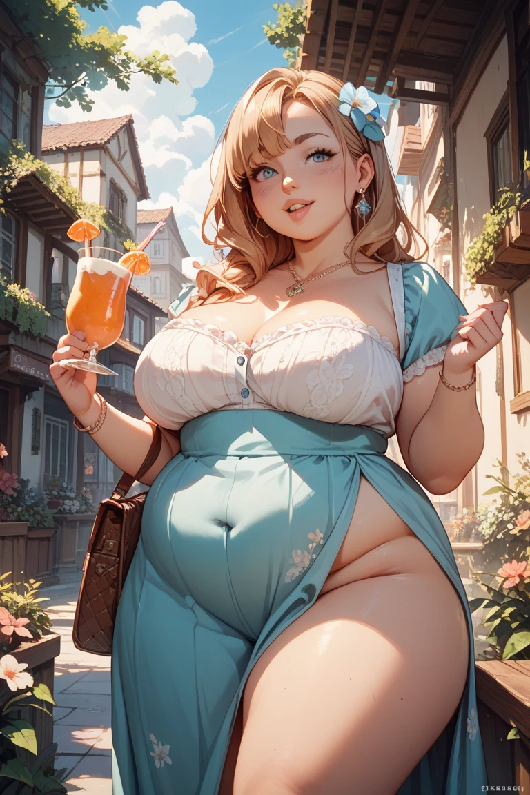 1girl, beautiful, (masterpiece:1.2), (best quality:1.2), big belly, bbw, fat, chubby belly, big belly, blushing, sweaty, fat belly, giant SSBBW belly, massive belly, extremely fat, Overfed, fat, flabby, round, pregnant, bloated, massive sagging belly, prominent stomach, super fat, hyperbelly, obese belly perfect lighting, perfect eyes, perfect face, 1girl, bikini, bikini under clothes, black bikini, black choker, black gloves, blonde hair, long flowing fluffy frizzy hair, black lips, black nails, black skirt, breasts, choker, cleavage, cropped jacket, cross, earrings, eyeliner, eyeshadow, fingerless gloves, gloves, hand on hip, highleg, highleg bikini, medium breasts, jacket, jewelry, lips, black lipstick, long blonde hair, makeup, microskirt, miniskirt, navel, open clothes, open jacket, blue eyes, skirt, sleeves pushed up, solo, standing, striped, striped bikini, striped thighhighs, swimsuit, thighhighs, thighs, underboob, plump lips, tree, beachside, beautiful view, lake, distant boardwalk, sitting on rock, spread legs