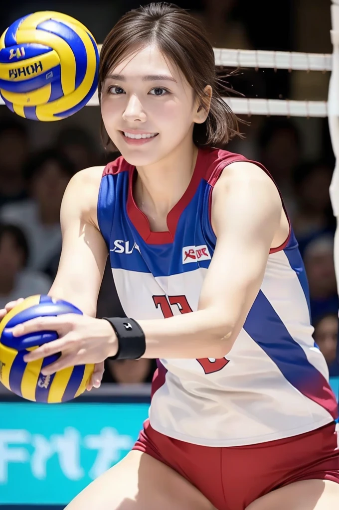 highest quality, masterpiece, Ultra-high resolution,(Realistic:1.6),((Athletic build)), (((Indoor volleyball court))) RAW photo from above, ((Portrait in the gym))、,pretty girl,20-year-old,((Spike practice)),((NEC Red Rockets uniform)),((Mikasa Volleyball)),((Straight pink long)),((Smiling with teeth showing)),((Big smile))