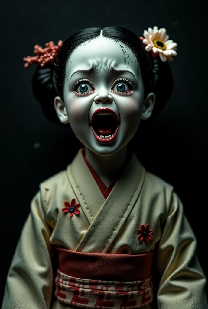 ((Girl with a Balinese monster on her head)), Creepy, (Horror elements), Creepy , (primitive art), old picture scroll style,Ancient mural style