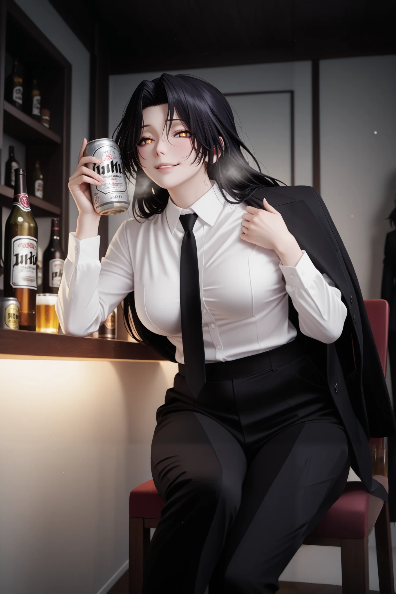 shitano-neno-kawakanu-uchini, anime coloring, anime screencap, anime-style detailed background, vignetting, masterpiece, high quality, absurdres, best quality, very aesthetic, newest, dynamic composition, anatomical correct, HD, 4K, digital art, trending on ArtStation, ((anatomical correct)), perfect body, perfect eyes, perfect fingers, gasping, heavy breathing, gasping profusely, cinematic, ((skindentation)), ((curvy)), dominique de sade, long hair, black hair, curtained hair, ((medium breasts)), yellow eyes, ((black pupils)), plump, 1girl, necktie, solo, black_necktie, shirt, holding, sitting, pants, black_pants, looking_at_viewer, white_shirt, collared_shirt, alcohol, beer_can, jacket, jacket_removed, formal, breasts, can, suit, bottle, shirt_tucked_in, black_jacket, indoors, smile, long_sleeves, beer, chair,