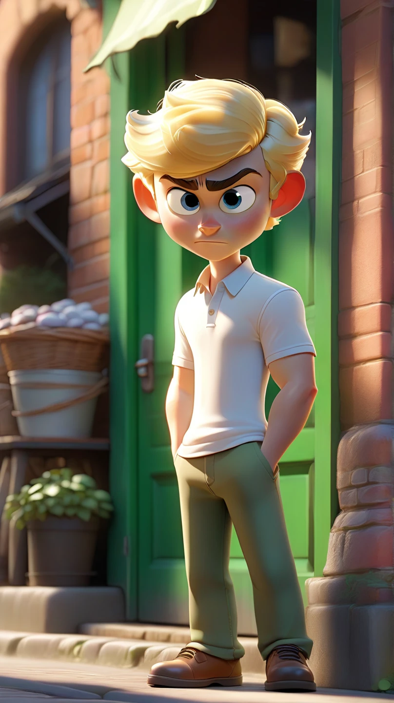 A blonde, extremely thin, pixarstyle, disney, shirtless teenager