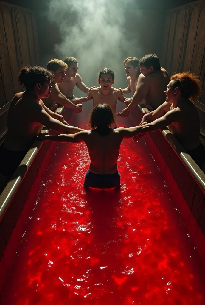 Square photo with couple lying naked with bowls of red liquid and a bitten apple