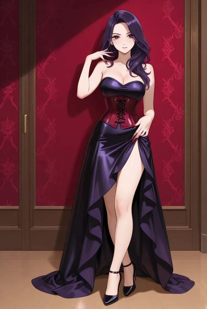 gothic anime girl, curvy, sexy, with thick legs and thighs, wide hips, beautiful face, long straight hair, Collections, Collections, spongy, small bust, slightly inflated chest, elegant and sexy clothing, wine colored lace, oxidized copper ornaments, marble floor, checkerboard style floor, sakura wood walls, light green eyes, green and blue heterochromia, royal purple underwear, femininity, focus on hips, profile view