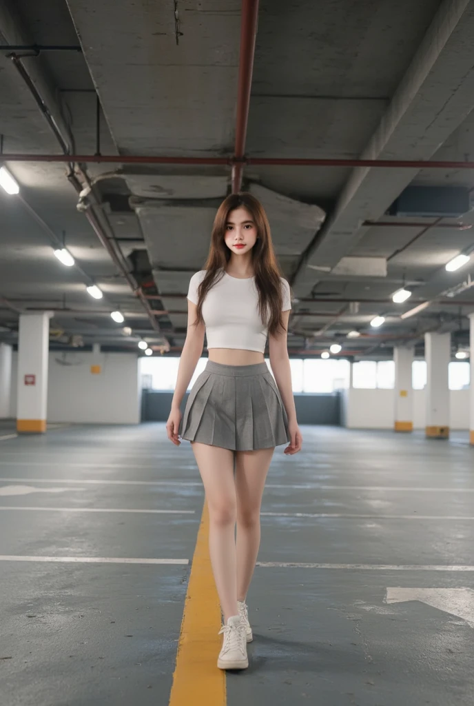 best quality, masterpiece, (photorealistic:1.4), 1girl,skirt,((panty shot,skirt lift,showing panties)),dramatic lighting, realistic skin,((peeking,peeping photo,escalator)),highly detailed background,public indecency,