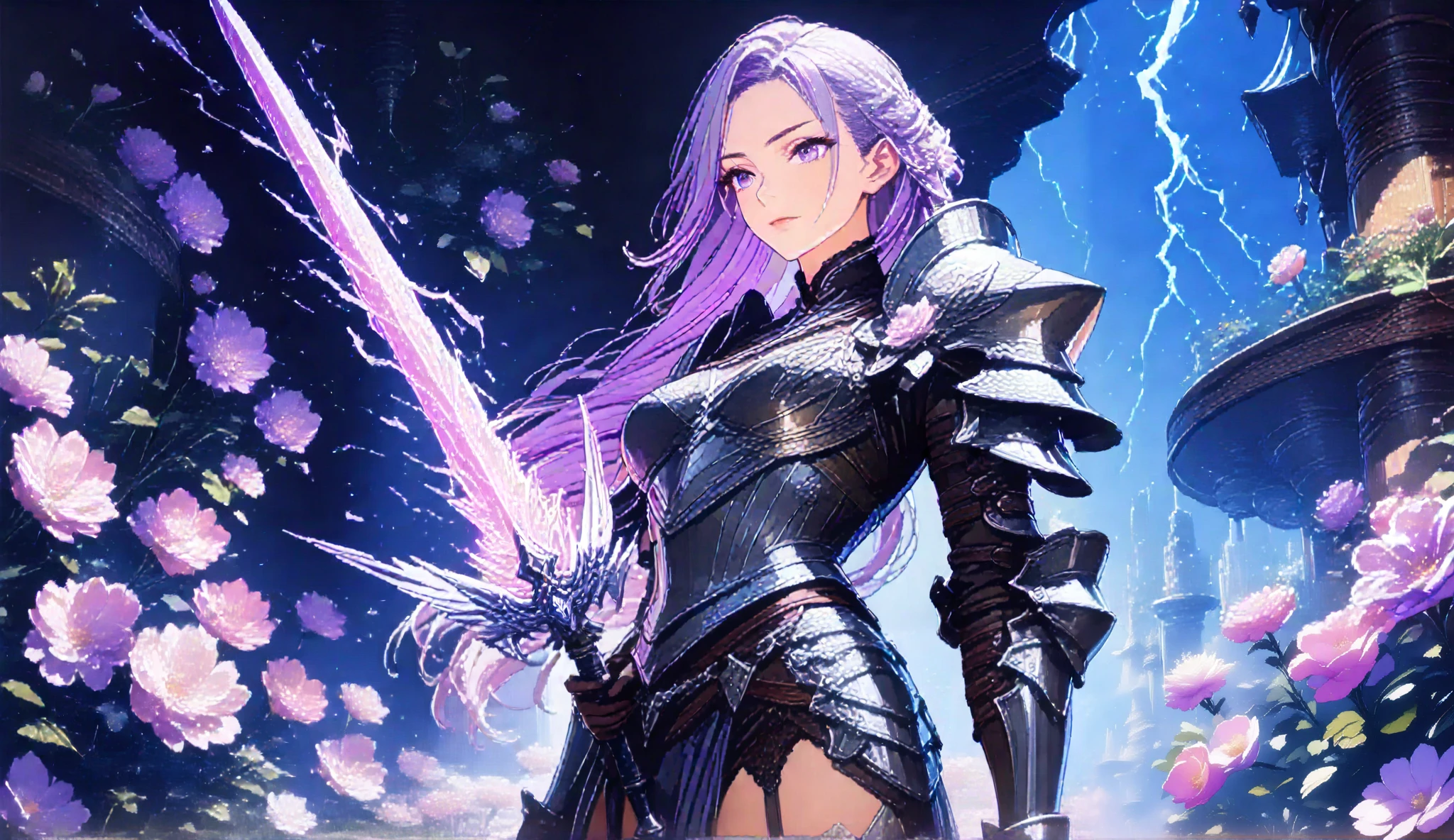 Anime girl with purple hair and sword in front of a fountain - SeaArt AI