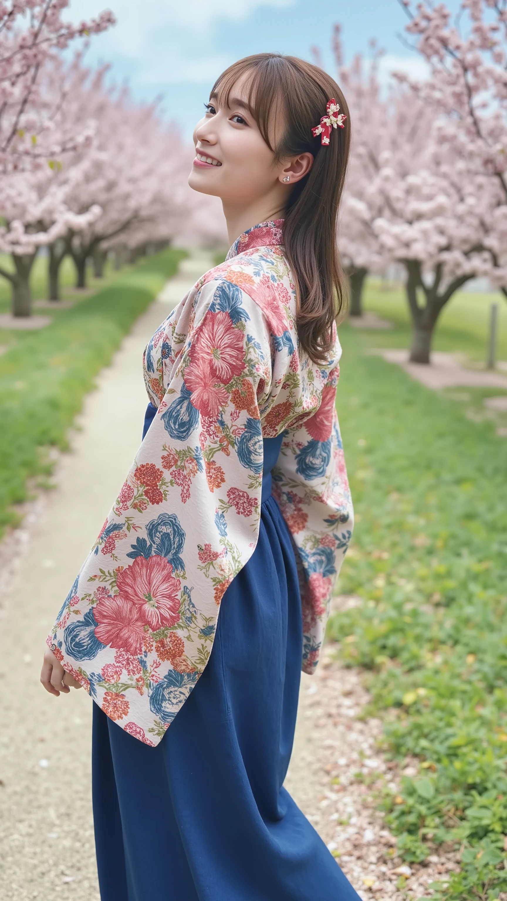 The high resolution photograph of a young Japanese female idol, intricate details, extremely detailed, sharp focus, natural soft lighting, solo, 1girl, (floral print kimono tucked in indigo blue long hakama, black short boots), standing, stunning figure, facing up, looking up at the camera, (from below:1.4), pale skin, smiling, detailed face, detailed eyes, natural make-up, ponytail glossy brown hair, red hair ribbon barrette, outdoors, (large grass field, surrounded by cherry blossom trees), (cherry blossom petals falling:1.4), Taisho era, in 1920s. blue sky and clouds.