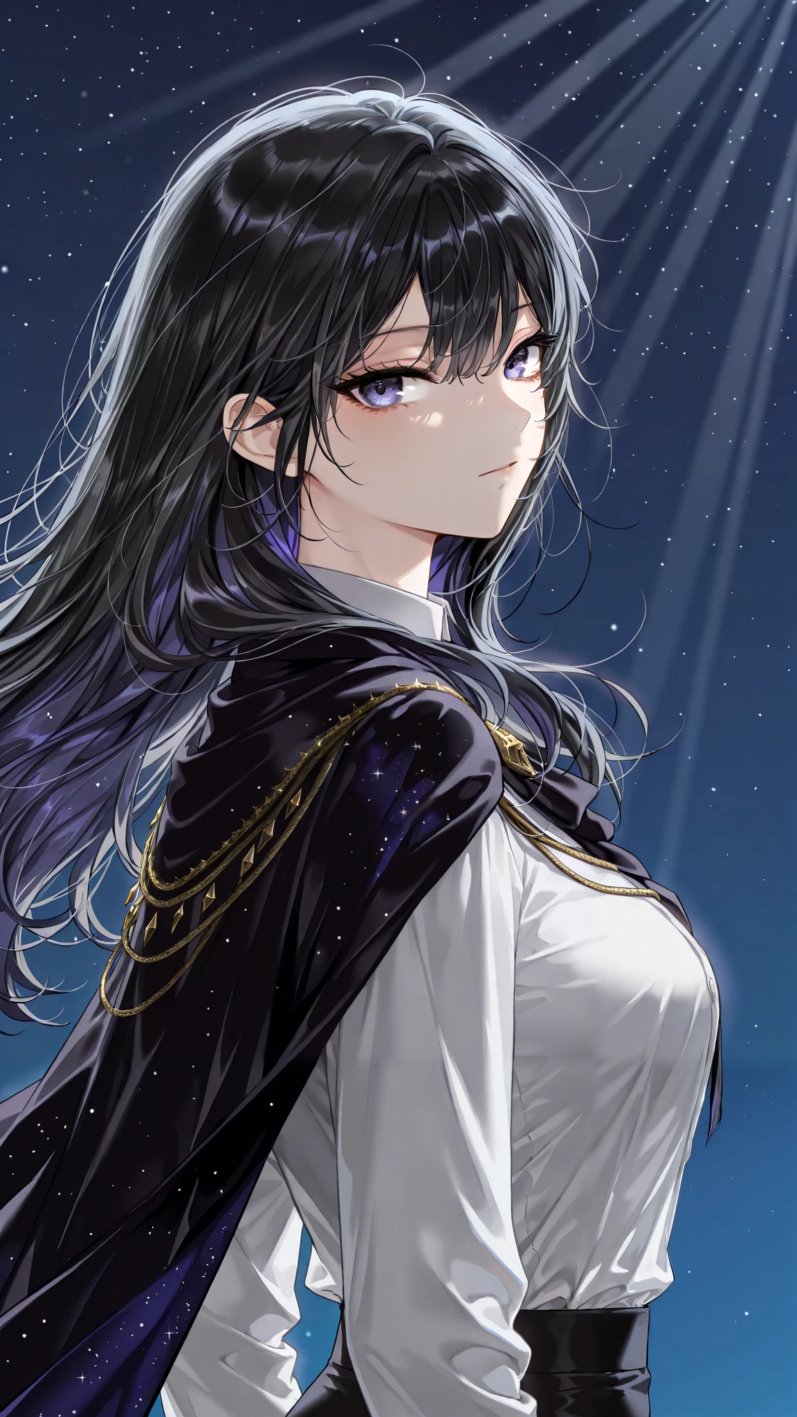 by [arknights|(748cmstyle:0.5)], god rays, cinematic shot, mature, young adult, masterpiece, best quality, amazing quality, very aesthetic, high resolution, ultra-detailed, absurdres,
1girl, solo, alone,(dynamic pose, side eye, looking over her shoulder,looking at viewer, upper body focus, from side, action shot, three quarter view, close up, portrait:1.2), (mafuyu asahina:0.86), black hair, blueish purple inner hair, abyssal blue eyes, expressionless, webtoon style, manwha style, starry night sky, moonlight, cosmic shoulder cape, white noblewoman's shirt, dress shirt, royalty, black pants, duchess, ornate clothes, detailed clothes, royal uniform,, novuschroma79 style, glitch art photo, BREAK, depth of field, volumetric lighting 
 