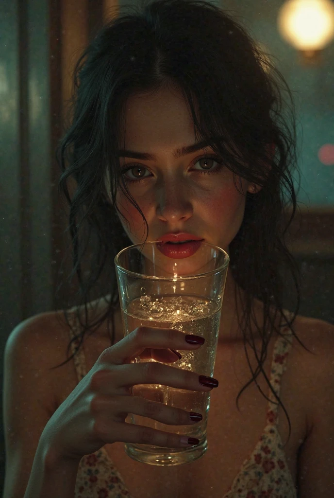 body portrait, woman, professional photographer, kodak, dressed woman, dark hair, bun, Aheago, rolling eyes, open mouth, (alcohol dripping on the chin:1.1), full smile, wearing a dark blue top, blue mini-skirt, black collar,at nightfall, (brilliant cocktail in hand:1.3), (hdr:1.4), (hyper detailed cocktail:1.2), digital painting, (cinematic lighting:1.2), masterpiece, ultra-realistic 8k, perfect artwork, intrincate details, sharp focus on cocktail, cute face, lights, colorful, award winning photograph (chillout atmosphere:1.3) <lora:ahegaoRollingEyes_v1114:1>