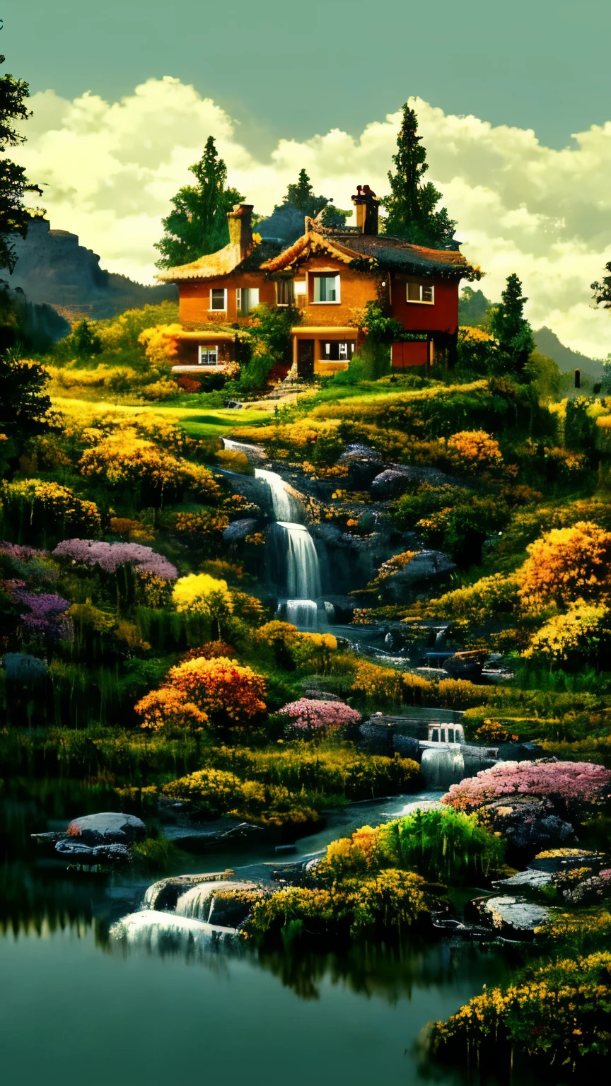 A painting depicting a breathtaking, descending down into the highlands., with a quaint house, towering on top of a steep cliff, strongly inspiring vertical wallpaper. This masterpiece in 32 colours showcases the intricate details of the picturesque background., while the crystal clear waters of the waterfall are graceful flow down the mountain, creating a dramatic and aesthetic scene. Fine lines and textures accurately convey the, house with a matte finish, waterfall that emphasizes realism and the feeling of immersion. A quaint, in warm colors, blends harmoniously into the environment, decorated with beautiful gardens and smoke from chimneys, gently flowing into the cool mountain air, bright colors