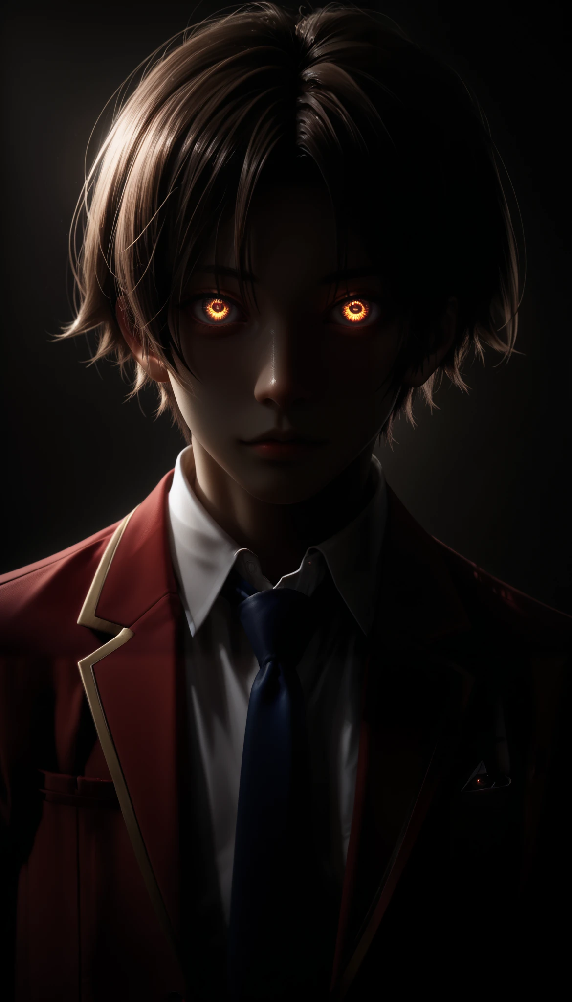 (red blazer:1.5), UHD, textured skin, high quality, masterpiece, 1boy, brown hair, brown eyes, short hair, bangs, parted bangs, school uniform, jacket, necktie, blue necktie, shirt, white shirt, collared shirt, looking at viewer, looking at viewer, very aesthetic, luminous eyes, cool calm gaze, relaxed eyes, hands in pockets, turned to the viewer, It stands flat, wallpaper, glowing eyes, face, close-up
