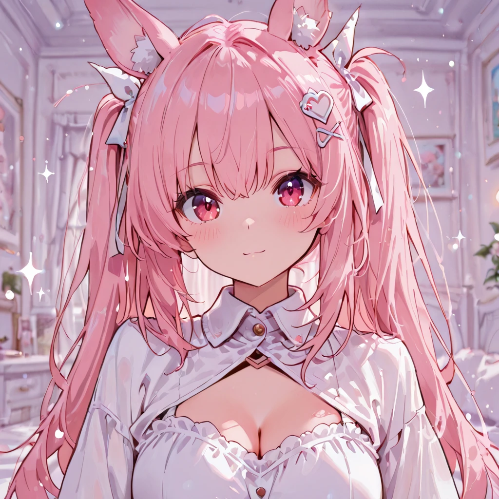 IMVU, pink hair, pink heart eyes, white round glasses, pale skin, white and pink cow ears, white horns with pink bows, fuzzy white jacket with pink spots, pink cowbell choker, kawaii, soft, high quality, masterpiece, 8k