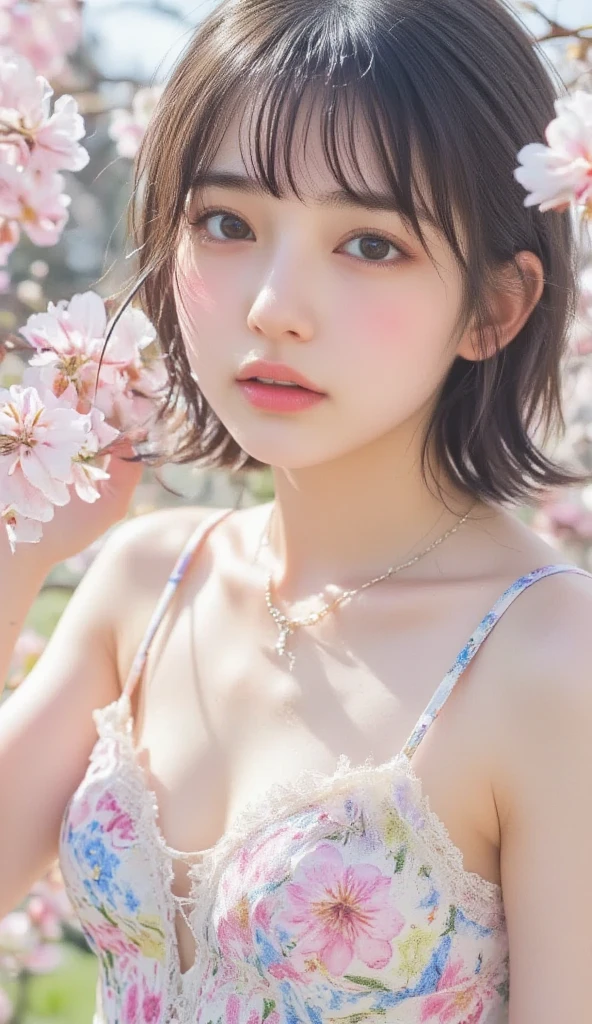 (masterpiece, best quality), 1girl, cute,plum blossom tree avenue, skirt lift both hands, upskirt, skirt flipped, widening skirt, (visible panty), beautiful detailed teeth, eyes with large brown irises, small mouth, fresh lips,nose blush, ,wavy short hair,round glasses ,5finger, intricate details, depth of field,beautiful lighting, volumetric lighting, dynamic angle, (photographic portrait), sharp,