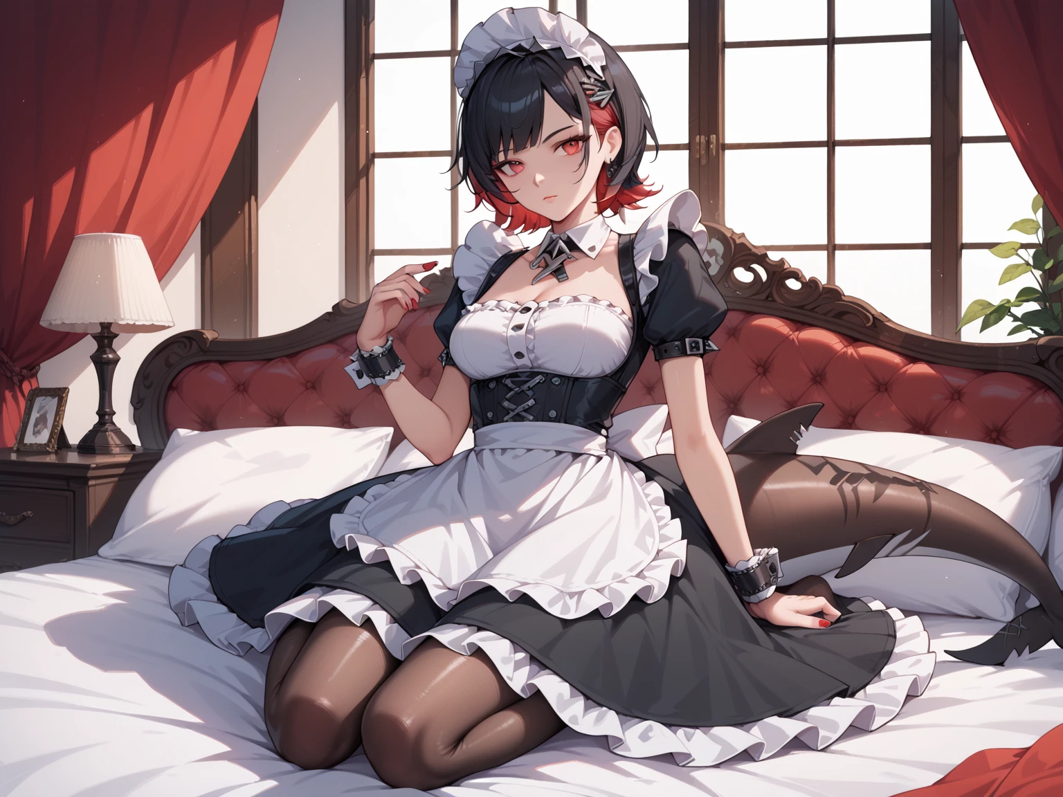 (masterpiece, best quality:1.2), aka6, 1girl, solo, medium hair, black hair, green eyes, cat eyes, slim body, sitting, blush, closed mouth, small breasts, maid outfit, catgirl
