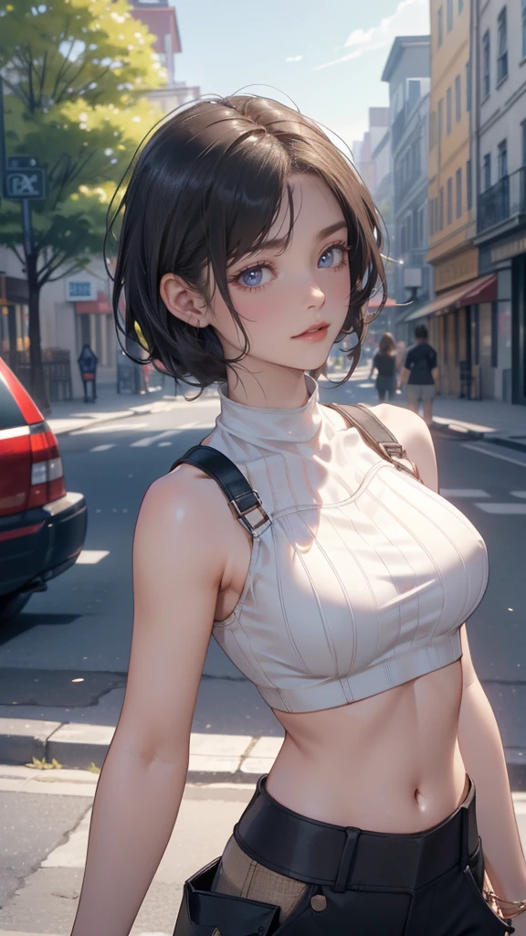 1girl, solo, white polo shirt, white sneakers, tennis wear, white miniskirt, masterpiece, best quality, realistic, hyper-detailed, (shiny skin, sweaty:1.4), absurd, looking at viewer, short black hair, brown eyes, slender, dynamic lighting, high resolution, sharp focus, depth of field, detailed eyes, sharp pupils, realistic pupils, (small breasts:1.6), (thick thighs:1.0), outdoor, sky