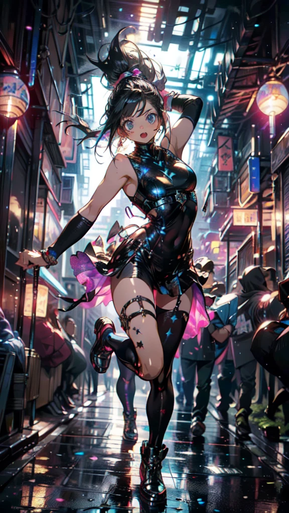 anime style screenshot of a man in a futuristic city, Cyberpunk art inspired by Sebastian Vrancx, Trends in CG society, neo-dada, cyber universe style, cyber punk setting, a cyberpunk 2077, Hyper Ultra detailed, 8k Character Details, hero pose colorful city lighting, cybernetically armored dress, New Character, neon punk