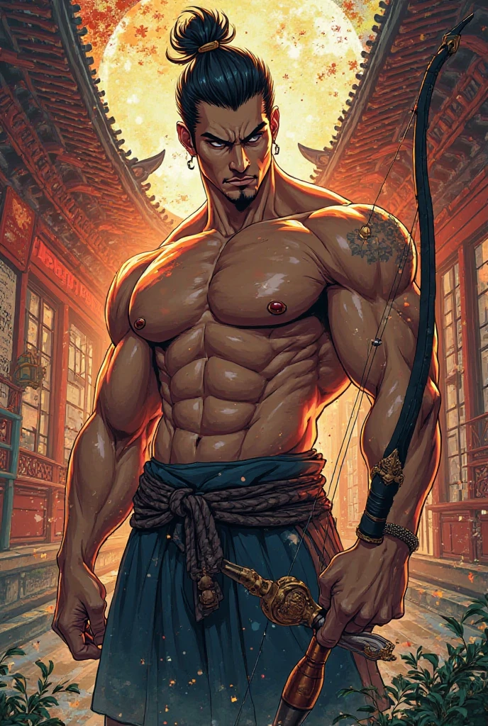 (photorealistic, masterpiece, best quality), handsome asian male, chinese man, young, slim athletic body, wearing only a loincloth, artistic and magical background, chinese mythology, lunar new year inspired, year of the dragon, reds and golds, fantasy art, comic artstyle