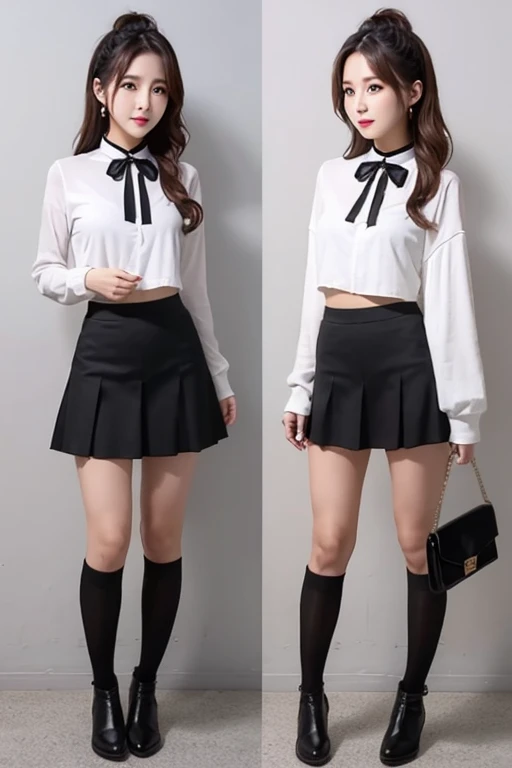 Illustration of a girl wearing a short skirt, high tecnorogy, hand bag, Full body character sheet, Full body illustration, behance hd, Full body painting, Detailed full body concept, Official character illustration（（（）），（（night）），fashion model pose