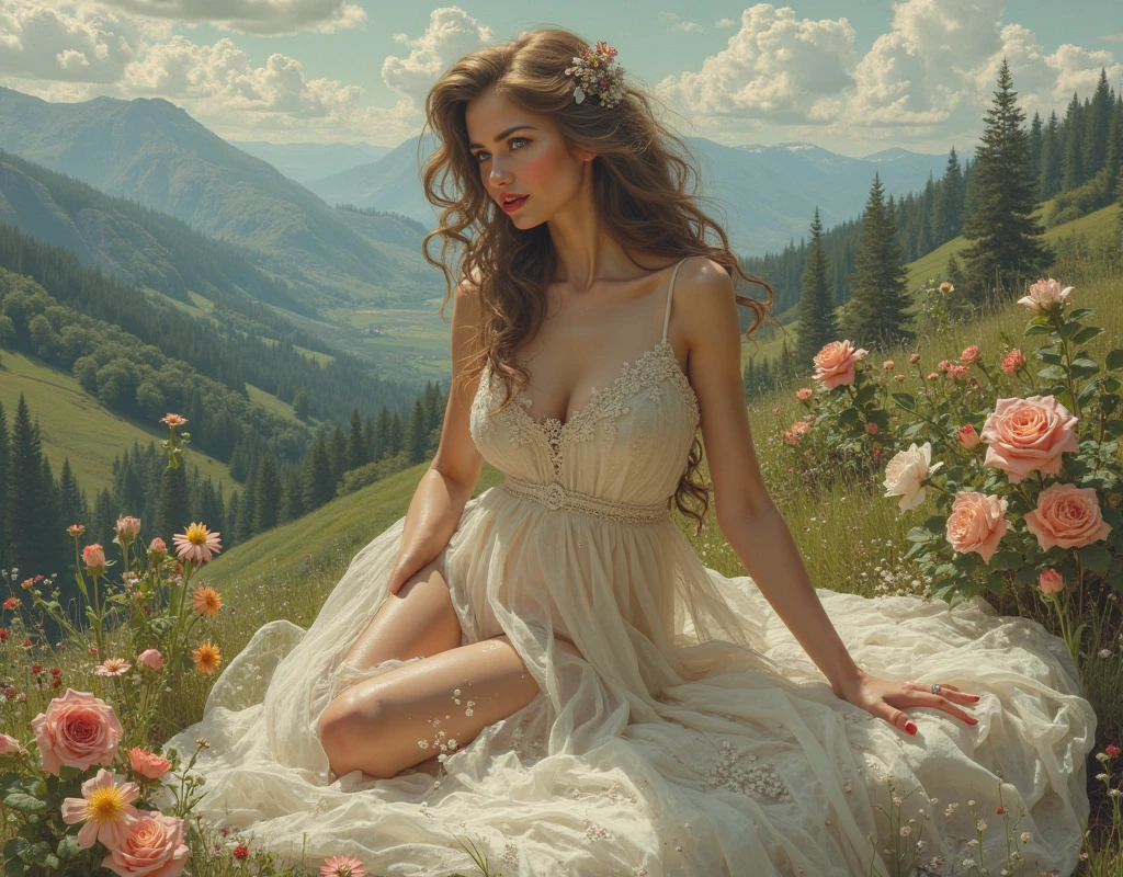 A beautiful young girl stood atop a rocky outcropping, Her long dark brown crown braided hair was swept up in loose curls that tumbled down her back, a subtle hint of makeup accentuated her high cheekbones, full lips, and flawless complexion. As she turned to face the camera, a soft smile played at the corners of her mouth, framing her delicate features and piercing blue eyes overlooking a breathtaking valley below. She wore a flowing wedding dress that billowed gently in the breeze ,the lace was delicately embroidered with tiny flowers and vines, while the hem was adorned with sparkling crystals that caught the light and glimmered like stars. In the foreground, a bed of wildflowers added a pop of color to the scene, with vibrant hues of pink, purple, and yellow. Bees buzzed lazily from blossom to blossom, collecting nectar in the golden light of the setting sun. The sun was setting behind the mountains, casting a warm orange glow across the vast landscape.