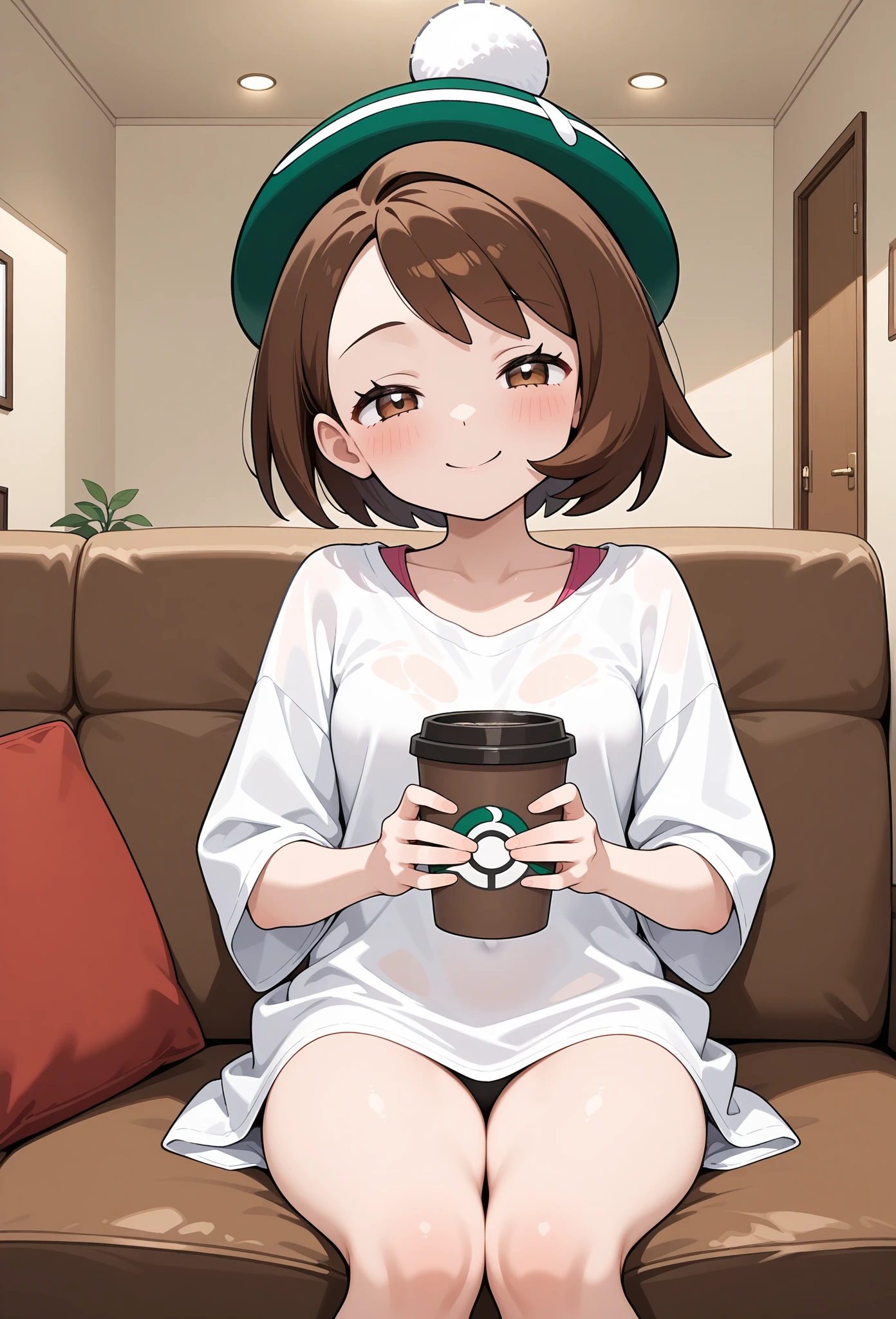Brown-haired girl wearing a cape eating coffee and donuts in a coffee shop Wearing sneakers Shorts with suspenders The coffee is in the cup The donut is on the plate Large Breasts Showing her belly button Ultra low rise