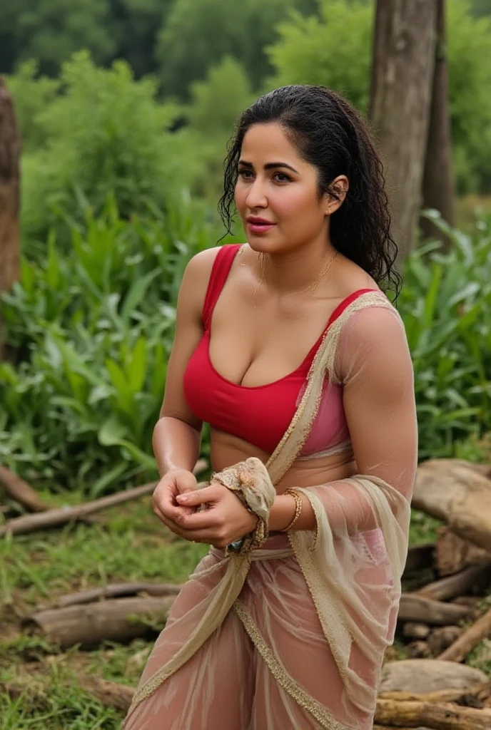 Day scene, close up photo of a sexy indian, posing under waterfalls, see through bra, big cheeks, wet navel, deep cleavage, necklace, erotic face, 30 yo, ponytail, look at viewer and smile, (cinematic:1.3), intricate details, (ArtStation:1.2)