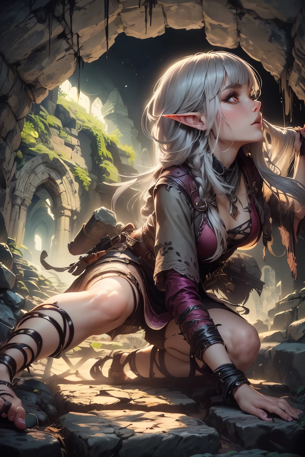 (Ultra-detailed face, Looking away, Gothic Illustration, Dark tone colors. She has five fingers on her hands and five toes on her feet.), BREAK (Ancient ruins. Egyptian-style ruins. Dimly lit space. Fantastic. Mysterious. Corruption. Contrasts of light and shadow.), BREAK (A female dark elf treasure hunter twists her body and crouches on the floor, trying to stoop through the narrow stone passageway. She looks around cautiously.), BREAK (She has gray hair, gray eyebrows, blunt bangs, waist-length wispy hair, small pink lips, lavender eyes, dark gray skin, and eyeliner.), (She wears a short lace up-dress with a short, reddish-brown lace fabric overlay in an English Victorian style. She wears an up-dress. She wears sandals with braided leather straps.)