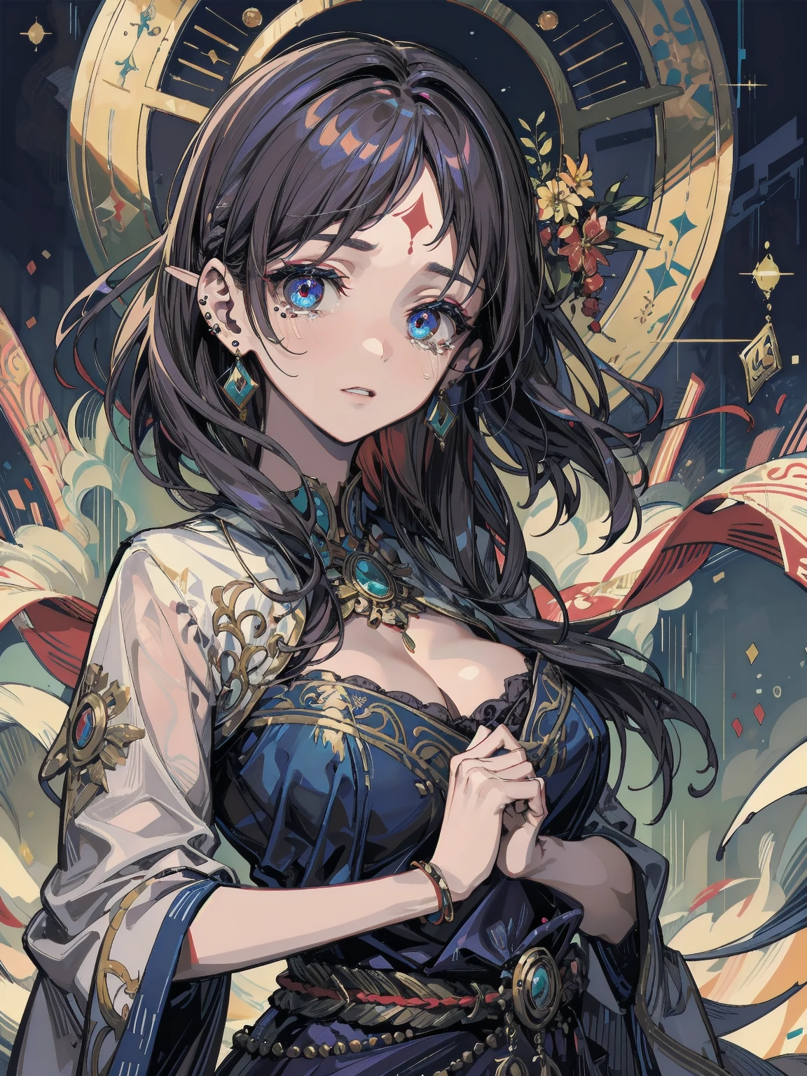 Best Picture Quality,tmasterpiece,Original,Close-up Shot Shot,Mature girls,Big sapphire eyes,Peacock feather skirt,Gorgeous skirt,Colorful feathers,Long hair with blue shawl,Danfeng Eyes,Delicate accessories,Delicate cheeks,Delicate earrings --auto
