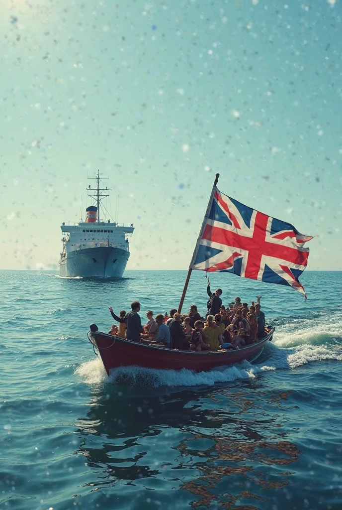 Some Brits on a beach sunbathing with a flag behind them in the background and cruise ships on the beach