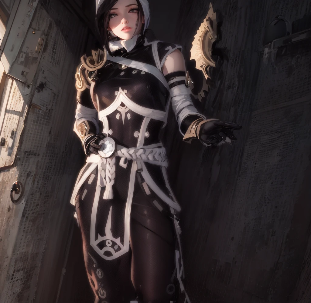 (White background:1.2) Robot girl with a mechanical body looking to viewer symmetrical body left to right side, big knockers, yellow bright eyes, and a white bob haircut. She is standing solo, full body, with hands on hips, feet together, viewed from below. Features a leather choker, big belt, bracers and a tiara.
