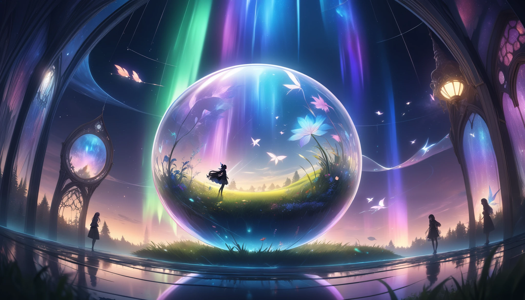 In a zero-gravity space countless bubble float around with fairies flying and drawing lines of light around them, The scene is set inside a spherical diorama capturing the ethereal and cool atmosphere, The digital art style emphasizes sharp vibrant details with a dark background to highlight the bright lights of the bubble and the trails left by the fairies, The composition creates a sense of depth and wonder making the viewer feel as if they are peering into a magical world, The scene is beautifully enclosed within a transparent bubble reflecting the lights of the aurora and the serene grassland, Gothic art, 16k, award winning, UHD, masterpiece, anatomically correct, super detail