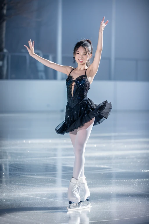 「Figure skater Miki Ando performing on the ice。She was wearing a white sequined skating dress.、The moment of his graceful jump was captured。Audience members can be seen in the background.、The ice rink is shining。」
