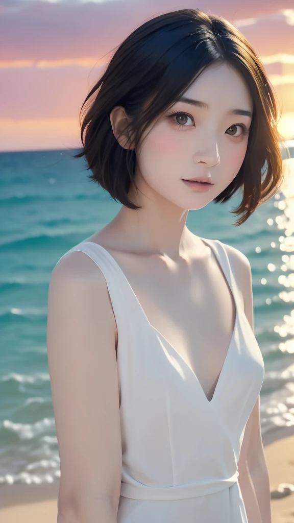 (masterpiece:1.3)、(8k、Photorealsitic、RAW Photography、top-quality: 1.4)、(1girl)、Beautiful face、(lifelike face)、(Dark black short hair, bob:1.3)、Beautiful hairstyle、realistic eyes、Beautiful details、 backless and strapless lacy dress(real looking skin)、Beautiful skins、(lace dresses)、absurderes、enticing、超A high resolution、A hyper-realistic、high-detail、the golden ratio