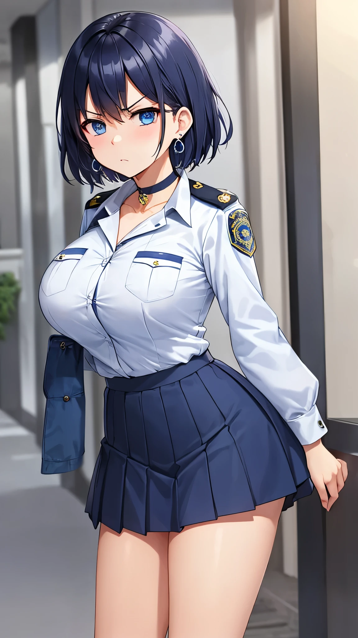 air groove \(umamusume\), masterpiece , high resolution , 8k best quality , realistic detailed , 1woman , police girl , wearing police office dress, japanese policewoman uniform, light blue short sleeved shirt, navy necktie, high waisted miniskirt, belt, white gloves, police hat, handcuffs , Sexy body , plump , big tits
