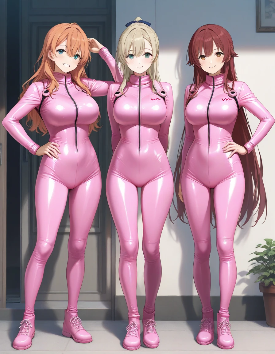 score_9, score_8_up, score_7_up, source_anime, BREAK 3girls, black hair, short hair, green eyes, green dress, blonde hair, pigtails, blue eyes, blue dress, orange hair, long hair, pink eyes, pink dress, looking at viewer, breasts, standing, smile, slutty_clothes, gyaru, bodycon, microdress, waist cutout, miniskirt, pink latex dress, shiny dress, fishnet elbow gloves, jewelry, breasts, hands behind back, hand on hip, rating_questionable