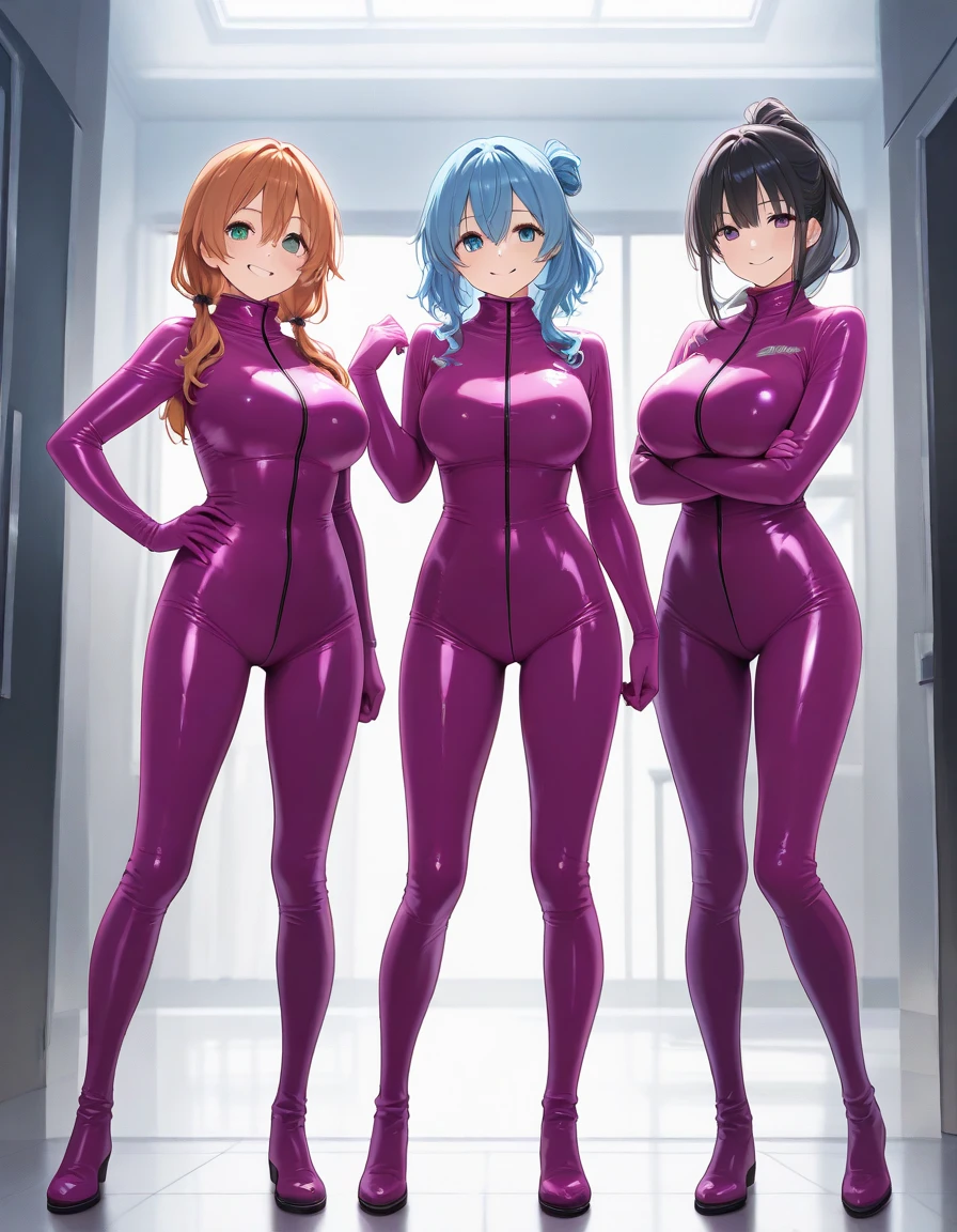 score_9, score_8_up, score_7_up, source_anime, BREAK 3girls, black hair, short hair, green eyes, green dress, blonde hair, pigtails, blue eyes, blue dress, orange hair, long hair, pink eyes, pink dress, looking at viewer, breasts, standing, smile, bodycon dress, bare shoulders, bare arms, breasts, hands behind back, hand on hip, rating_questionable