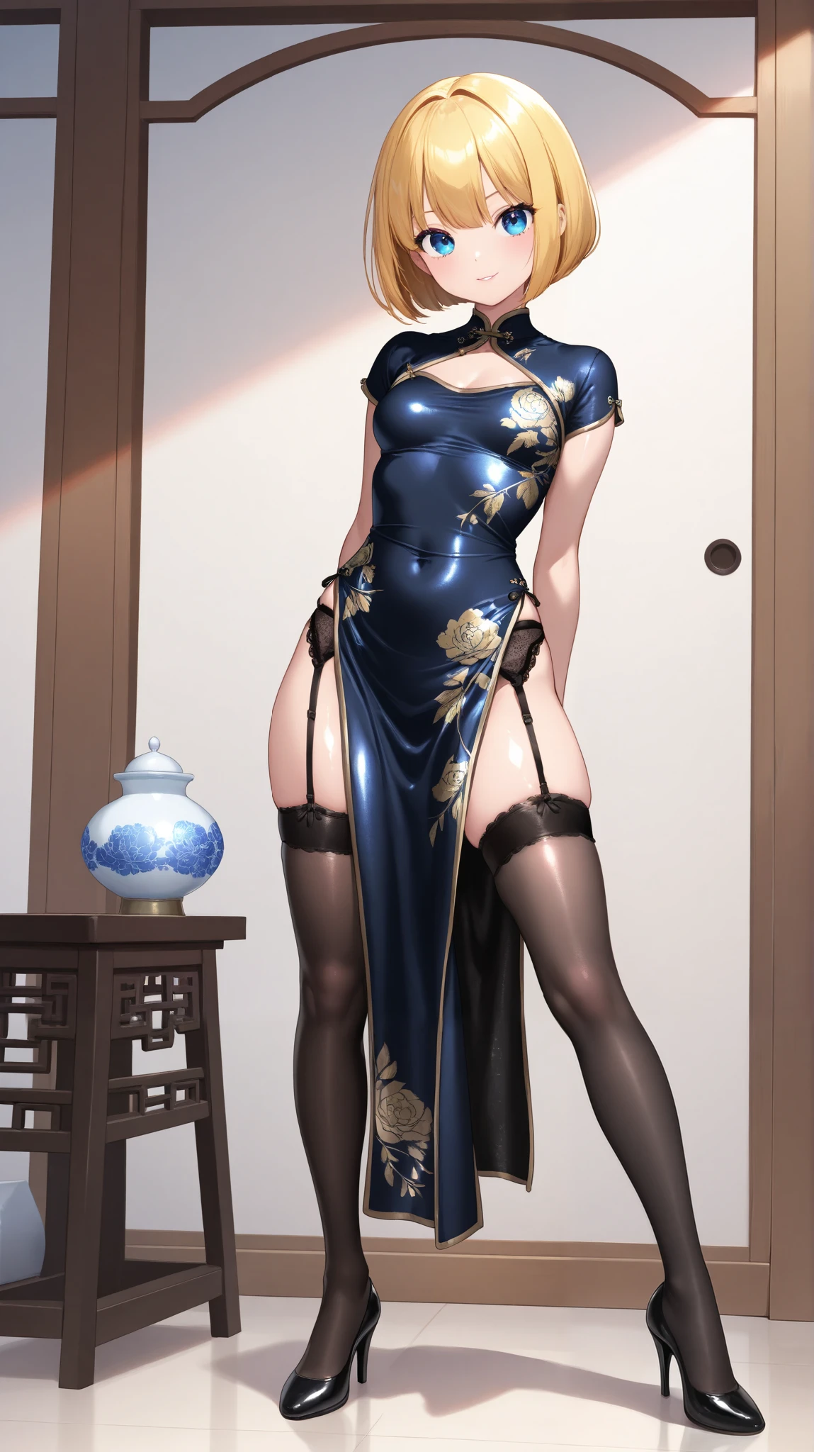 Masterpiece, best, 1 girl, finger on mouth, blue cheongsam, blue dress, full body photo, ancient Chinese style, high heels, white bun bun, black hair, shoulders, slender legs, smile, white suspenders, lace, embroidery