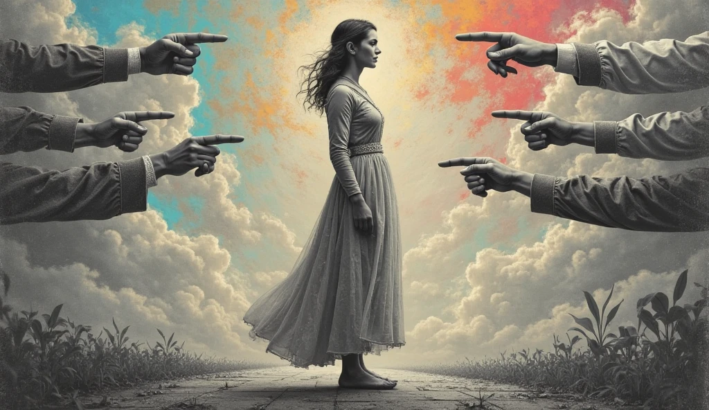 image of a woman standing, and 3 shadows of your personality fanning in your head. Representando pensamentos negativos