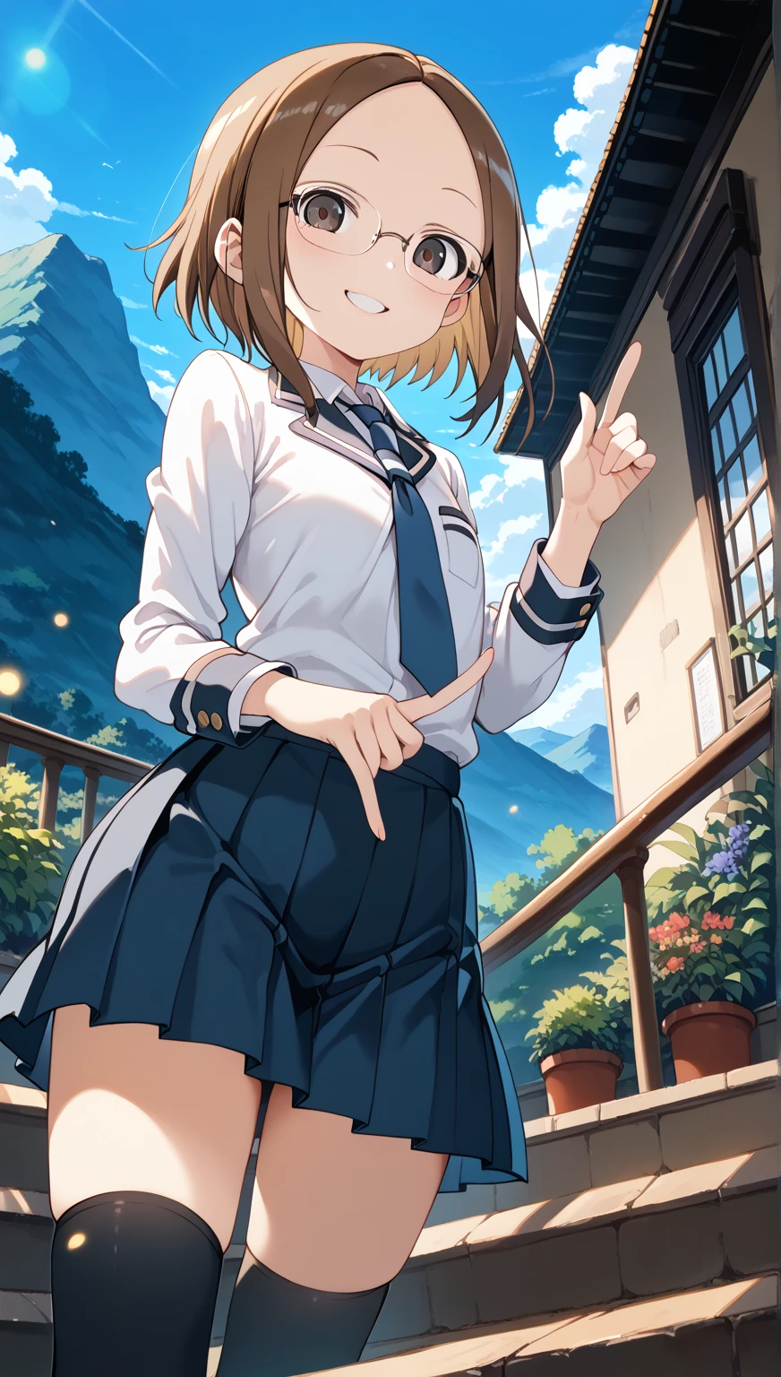 Masterpiece, Top Quality, High Definition, Masterpiece, Adult Woman, Single, Yellow Sweater, Long Sleeve Sweater, Pleated Miniskirt, Black Miniskirt, Short Hair, Evil Smile, Golden Hair, Bat Feathers, Evil Smile, Evil Plan, School Uniform, Uniform, Blue Eyes, Prison