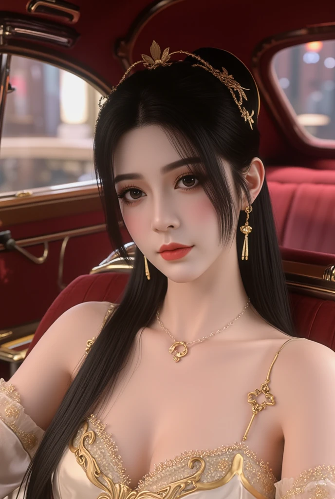 1 beautiful mature girl, looking at viewer, upper body, realistic,real girl, gentle girl, Girly, smooth pink and white skin, Front bangs, large breasts and round, excessively frilled princess dress, draped clothes, flawless face, jewelry, high nose, ornament, flower, lace trim, beautiful big and round orange eyes, sharp eyebrows, very sharp and detailed peacock eyelashes and makeup,orange red lipstick, Smile without opening your lips, long silky black hair and jewelry clips, masterpiece, best quality, 8k, detailed skin texture, detailed cloth texture, beautiful detailed face, intricate details, ultra detailed, rim lighting, side lighting, cinematic light, ultra high res, 8k uhd, film grain,best shadow, delicate, RAW photo, detailed and clear images, extremely sharp images,