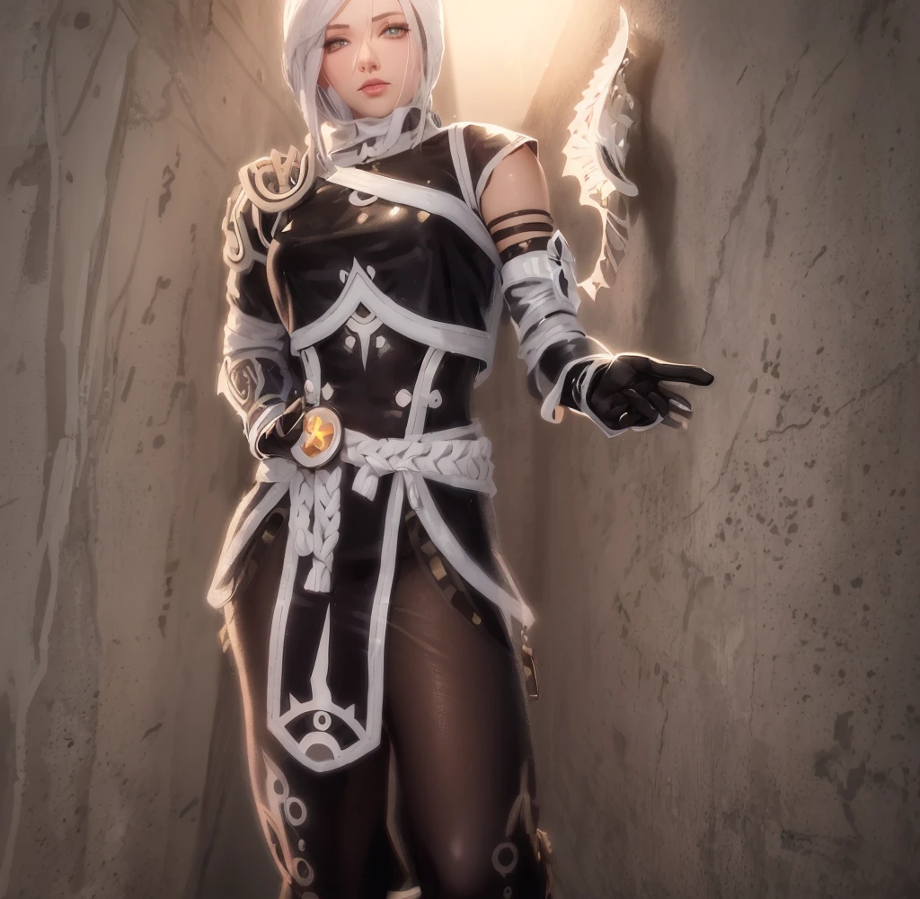 (highres, high quality:1.2), intricate details, cinematic lighting, sharp focus, depth of field, 
MiaoYing, asian,1girl, mature female, (solo:1.1), standing, posing, Dynamic Stance, battle stance, raised fist, magic, (electricity:1.1), cowboy shot, from below, (east asian architecture:0.9), night, (thundercloud:1.1), lightning, 
determined, half-closed eyes, 
white hair, long hair, high ponytail, lipstick, makeup, detailed hair, detailed face, blue eyes, glowing eyes, no pupils, necklace, 
horned headwear, armored dress, (single gauntlet:1.1), cleavage cutout, fishnet thighhighs, high heell boots, 
Large Breasts, cleavage, 
<lora:MiaoYing:0.85>  <lora:add_detail:0.6>,