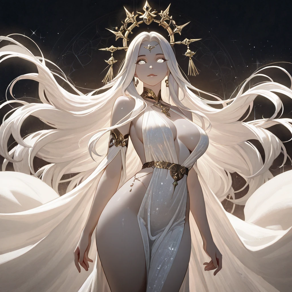 (((She is a spiritual being that is floating like an entity))), white hair, long moving hair, super clear beaded eyes, light white robes, bare feet, broken golden chains on the wrists, full body, thick legs, small breasts, big booty, {extremely detailed 16k CG unit wallpaper}, expansive landscape photography, (a low view with focus on character and setting), (wide view of open field), (angled shot low), (high light: 1.4), (low light: 1.2), (warm light source: 1.5), complex details, (iridescent colors: 1.2), (bright lighting), (atmospheric lighting), dreamy, unique,
