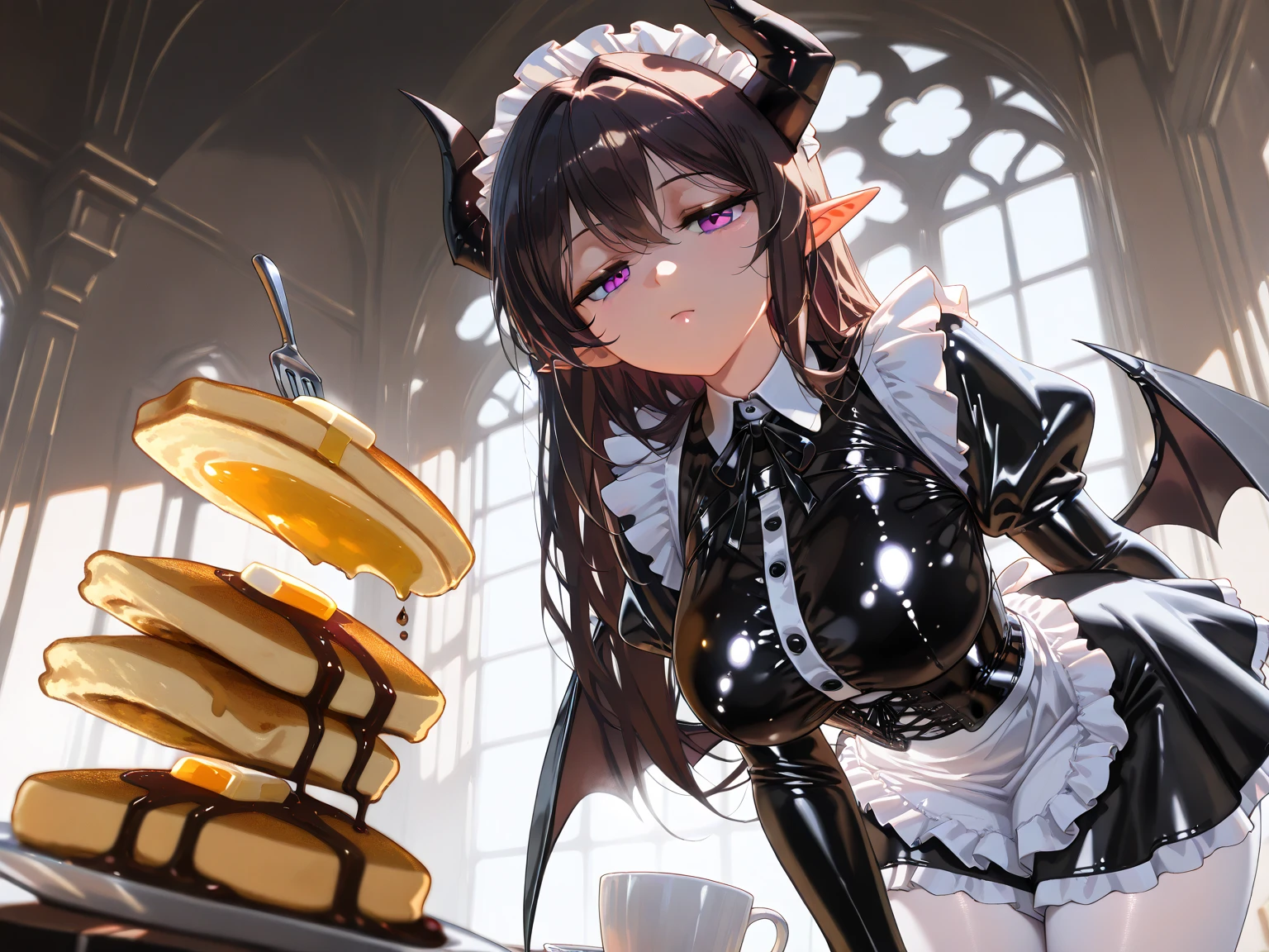 A woman wearing a black sleeveless dress, large breasts, wearing a kitchen apron, wearing gloves, in a luxury kitchen,standing near a luxurious table, big breast, very detailed chocolate cake, with personalized icing, long black hair, bangs in one eye, red horns, yellow eyes , Perfect face.bokeh effect, stereogram, tachi- e, atmospheric point of view, high detail, luminism, hyperrealism, brightness, 8k, super detail, accurate, best quality, high resolution, award-winning, anatomically correct ( solo woman)