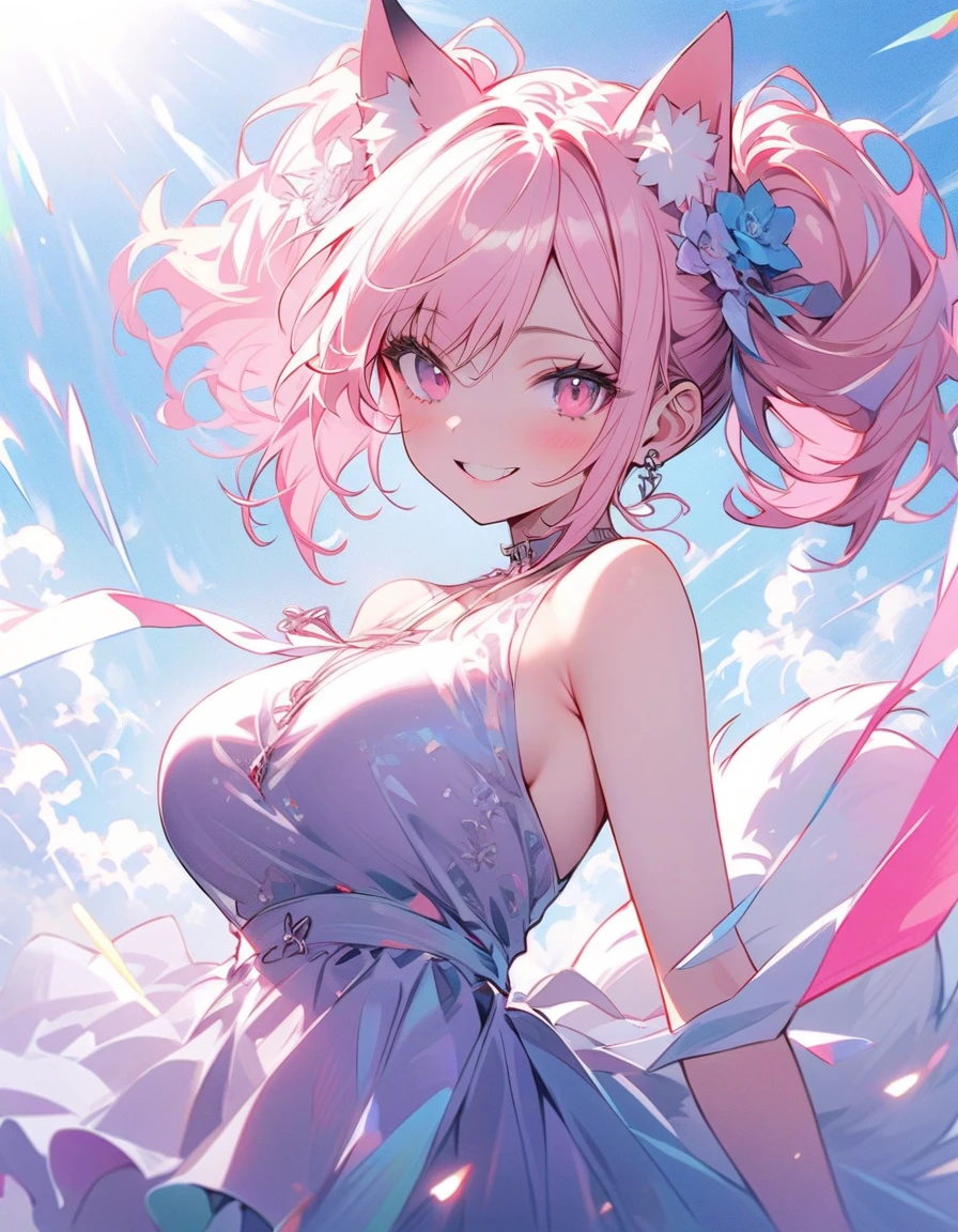 An adult woman with pink eyes, long bright pink hair with fox ears. Wears an elegant dress. She must be wearing a pink leggings. she comes from wonderland