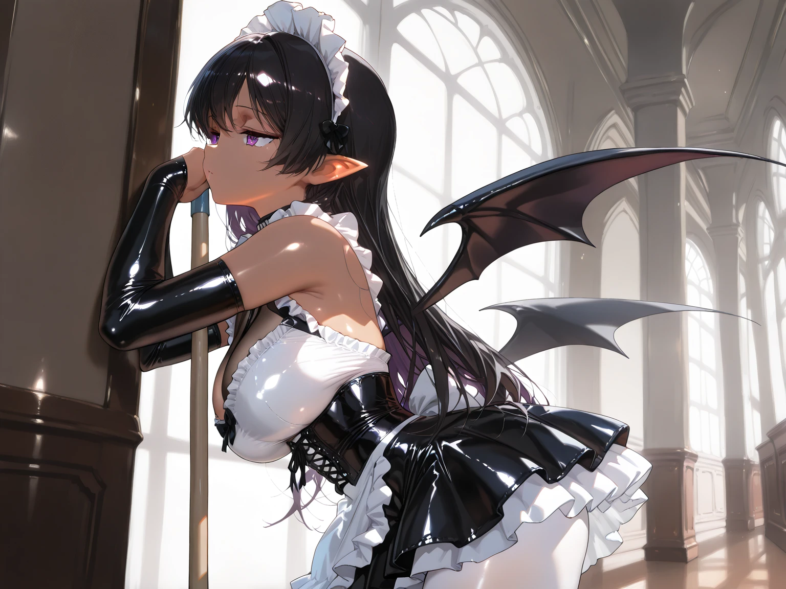 A black dragon woman maid, wears a maid's outfit with a red ruffled skirt showing her panties, has super big breasts, has long, messy black hair, It has red eyes, has a black dragon's horn, black dragon's wings and a black dragon's tail, wear black boots.